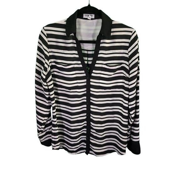 Express Portofino Button Up Shirt Long Sleeve Stripes Black Women’s Size M - Picture 1 of 5